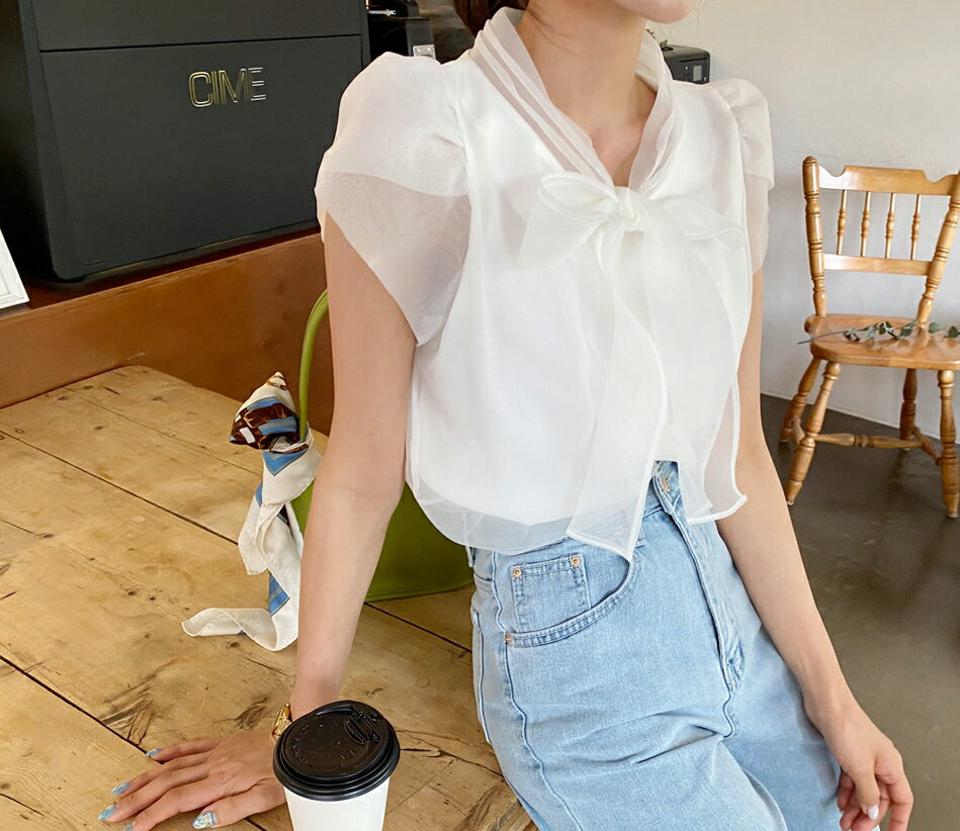 リボンオーガンジーブラウス・全3色・t61990 レディース 【bl】【韓国 ファッション トップス ブラウス 半袖 オーガンジー ネックリボン リボン ピンタック キャップスリーブ スリーブレス ノースリーブ 体型カバー スリム ボリューム ガーリー 夏 春】