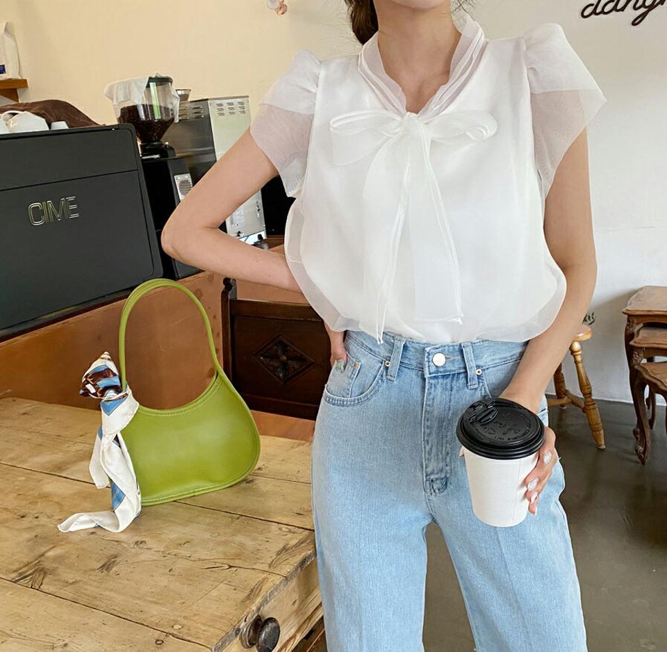 リボンオーガンジーブラウス・全3色・t61990 レディース 【bl】【韓国 ファッション トップス ブラウス 半袖 オーガンジー ネックリボン リボン ピンタック キャップスリーブ スリーブレス ノースリーブ 体型カバー スリム ボリューム ガーリー 夏 春】