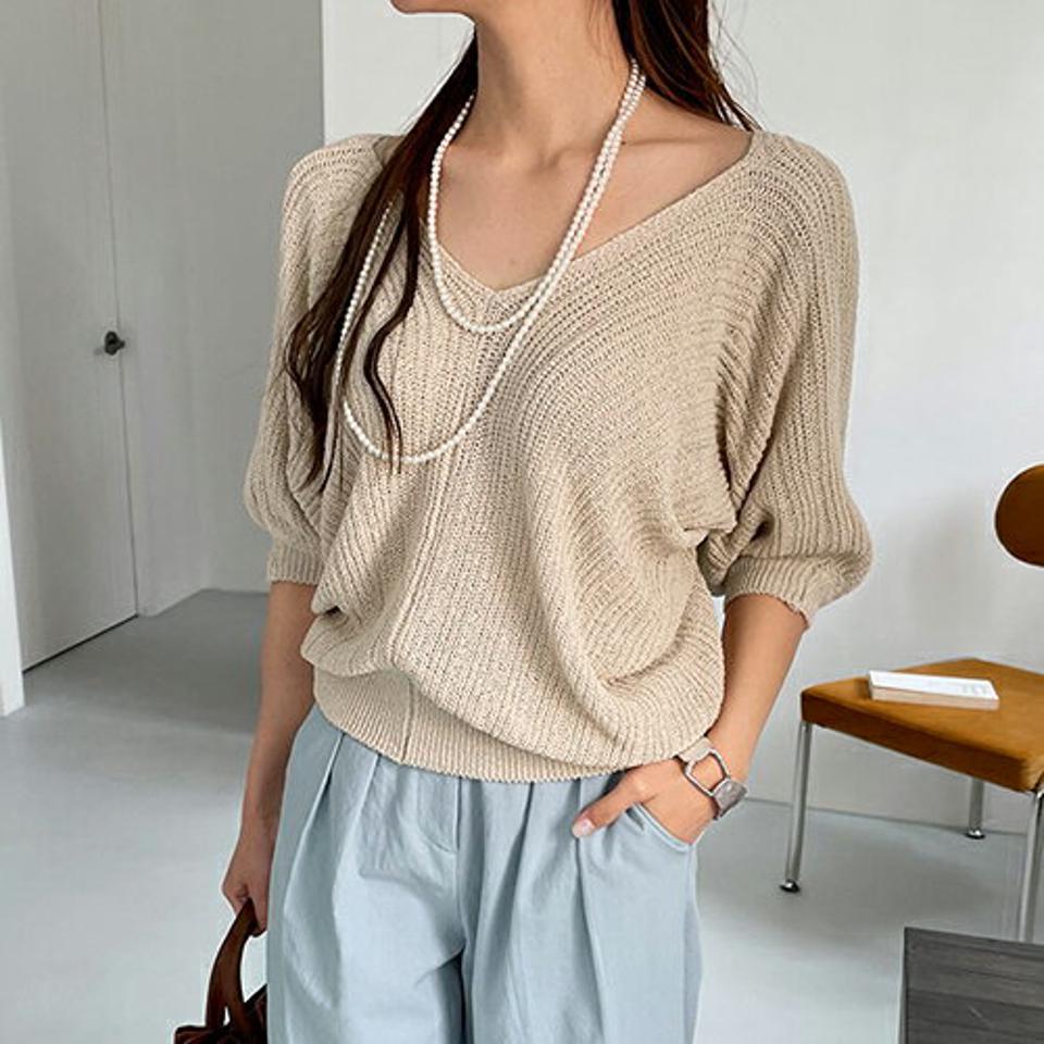 パフVネックニット・全3色・b68211 レディース 【tops】 トップス ニット ニットトップス パフ袖 パフスリーブ Vネック 半袖 ハーフスリーブ シンプル カジュアル ナチュラル 春 夏 韓国 ファッション ハイホリHIHOLLI