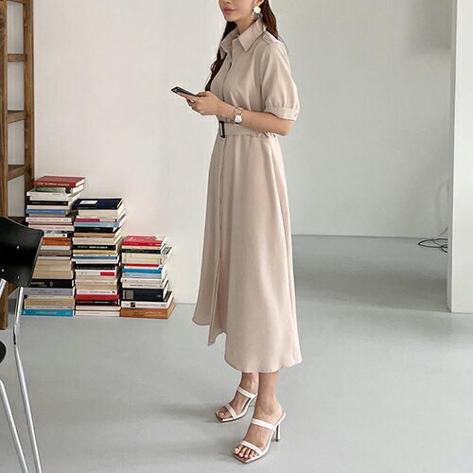 【全品10%OFF】ベルト付Aラインカラーワンピース・全3色・b68216 レディース 【ops】【ワンピース ロング ロングワンピース Aライン 半袖 ハーフスリーブ 単色 無地 シンプル カジュアル きれいめ 春 夏 韓国 ファッション】【ハイホリHIHOLLI】