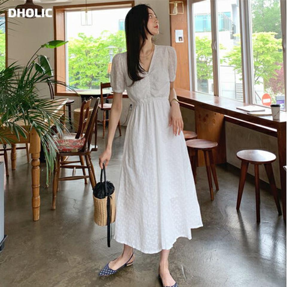 アイレットレースワンピース・全3色・t62003 レディース 【ops】 韓国 ファッション ワンピース ロング ロングワンピース 半袖 アイレット レース Vネック ギャザー Aライン フェミニン 体型カバー 細身 夏 春