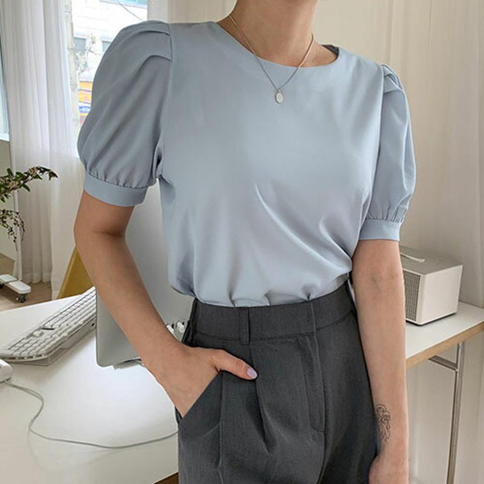 パフスリーブブラウス・全5色・b57306 レディース 【bl】【韓国 ファッション トップス ブラウス 半袖 パフスリーブ ラウンドネック 5分丈 ボリューム 体型カバー スリム ガーリー 夏 春】