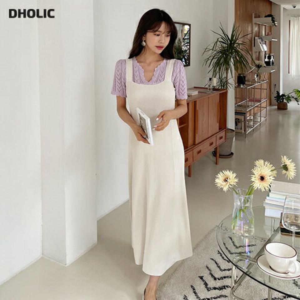 リブニットフレアスリーブレスワンピース・全3色・t62000 レディース 【ops】【韓国 ファッション ワンピース ロング ロングワンピース スリーブレス リブ ニット スリム フレア スクエアネック ノースリーブ レイヤード風 フェミニン 体型カバー 細身 夏 春】