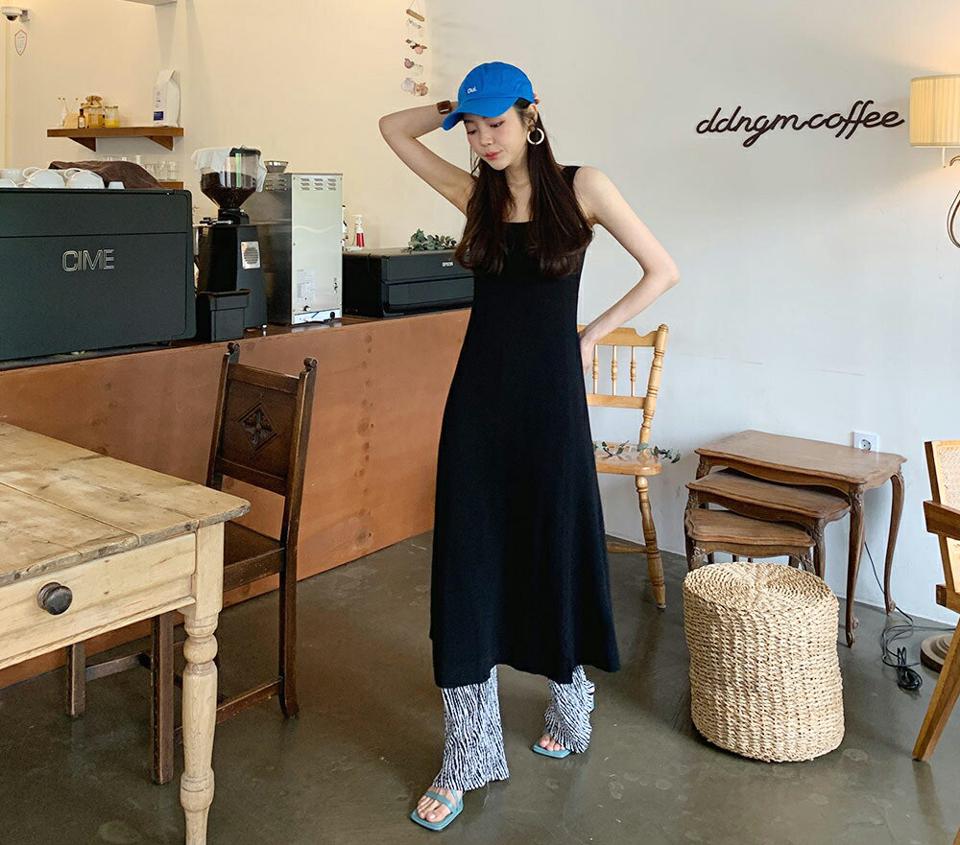 リブニットフレアスリーブレスワンピース・全3色・t62000 レディース 【ops】【韓国 ファッション ワンピース ロング ロングワンピース スリーブレス リブ ニット スリム フレア スクエアネック ノースリーブ レイヤード風 フェミニン 体型カバー 細身 夏 春】