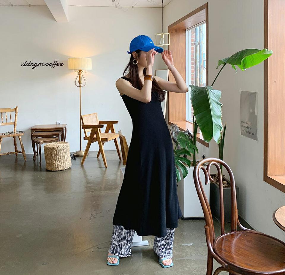 リブニットフレアスリーブレスワンピース・全3色・t62000 レディース 【ops】【韓国 ファッション ワンピース ロング ロングワンピース スリーブレス リブ ニット スリム フレア スクエアネック ノースリーブ レイヤード風 フェミニン 体型カバー 細身 夏 春】