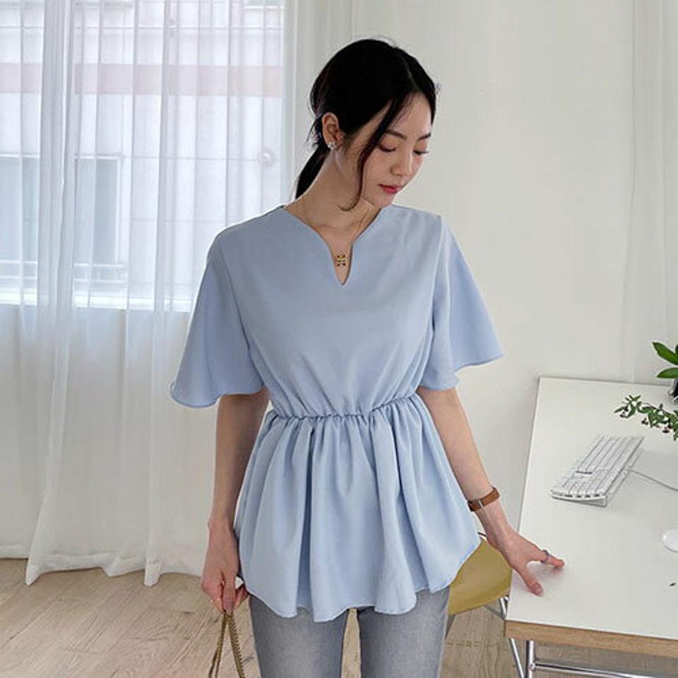 スリットネックフレアブラウス・全4色・t57303 レディース 【bl】【韓国 ファッション トップス ブラウス 半袖 デコルテ フレア フェミニン スリットネック ゴム 5分丈 フレアスリーブ 体型カバー スリム フィット 夏 春】