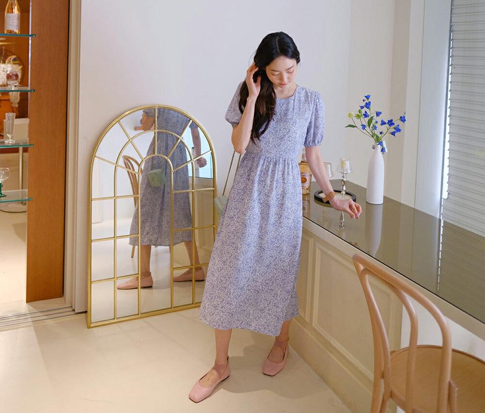 ラウンドフローラルワンピース・全4色・b57327 レディース 【ops】【韓国 ファッション ワンピース ロング ロングワンピース 半袖 花柄 フェミニン フラワー パターン リボン Aライン ラウンドネック 体型カバー 細身 夏 春】