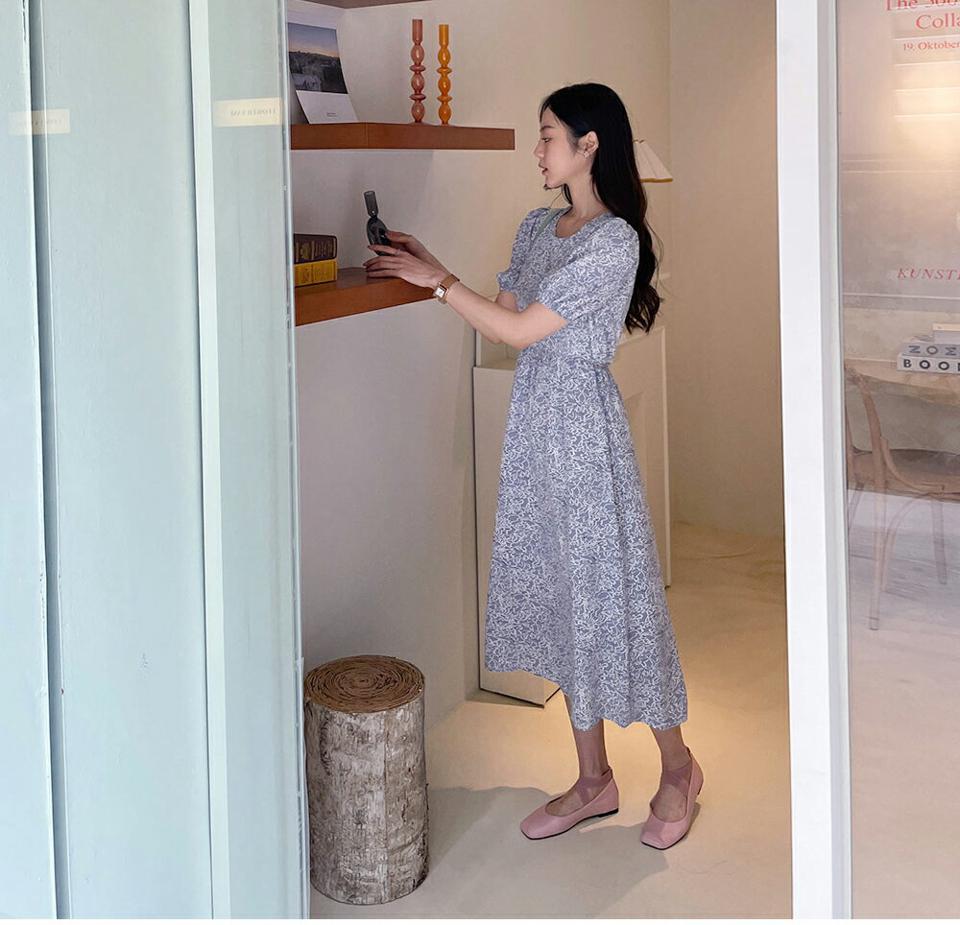 ラウンドフローラルワンピース・全4色・b57327 レディース 【ops】【韓国 ファッション ワンピース ロング ロングワンピース 半袖 花柄 フェミニン フラワー パターン リボン Aライン ラウンドネック 体型カバー 細身 夏 春】