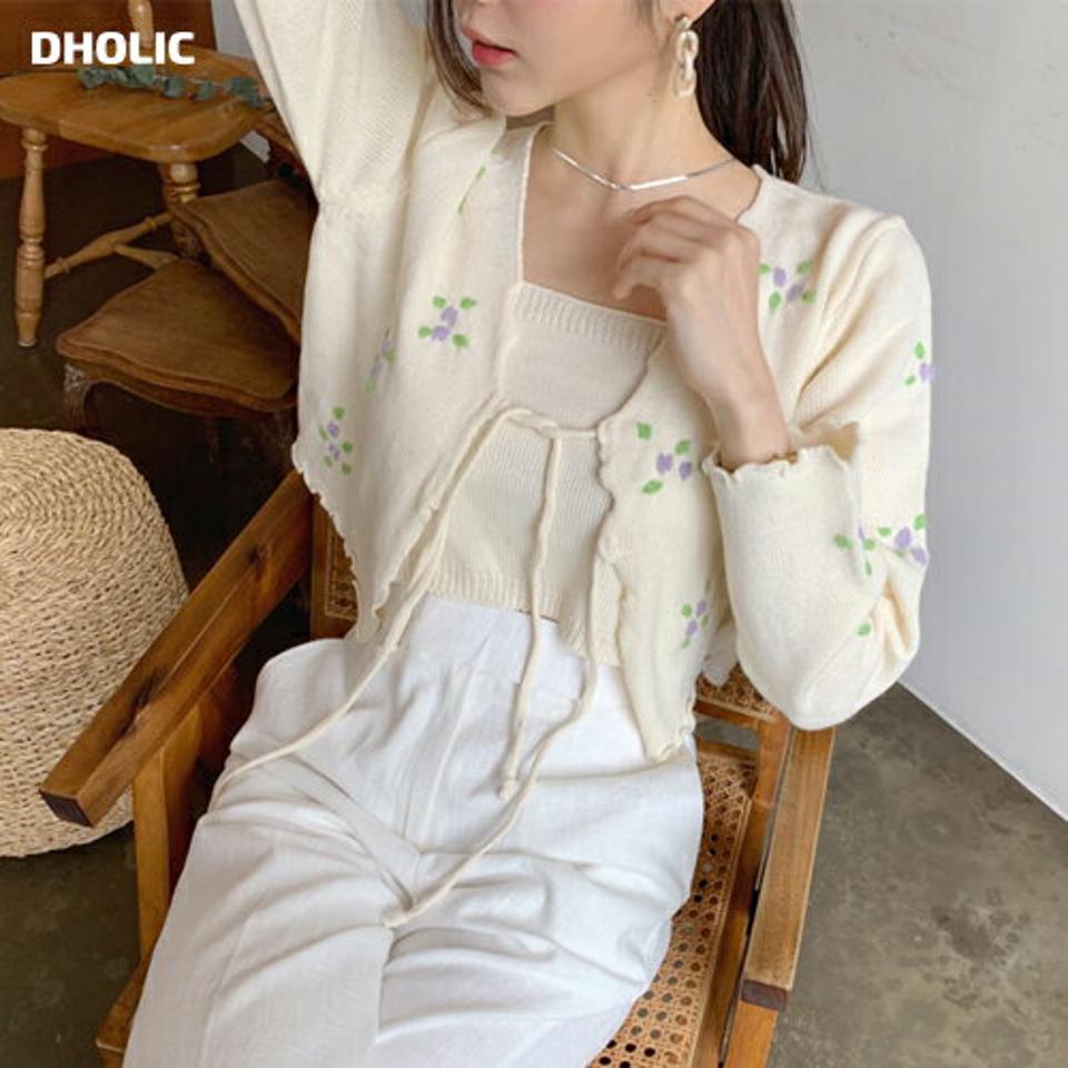 刺繍ニットカーデ&スリーブレスSET・全2色・t62008 レディース 【cd】【韓国 ファッション カーディガン カーデ 長袖 花柄 フラワー 刺繍 ニット セット Vネック リボン スリーブレス スクエアネック スリム フィット 細身 体型カバー 夏 春】