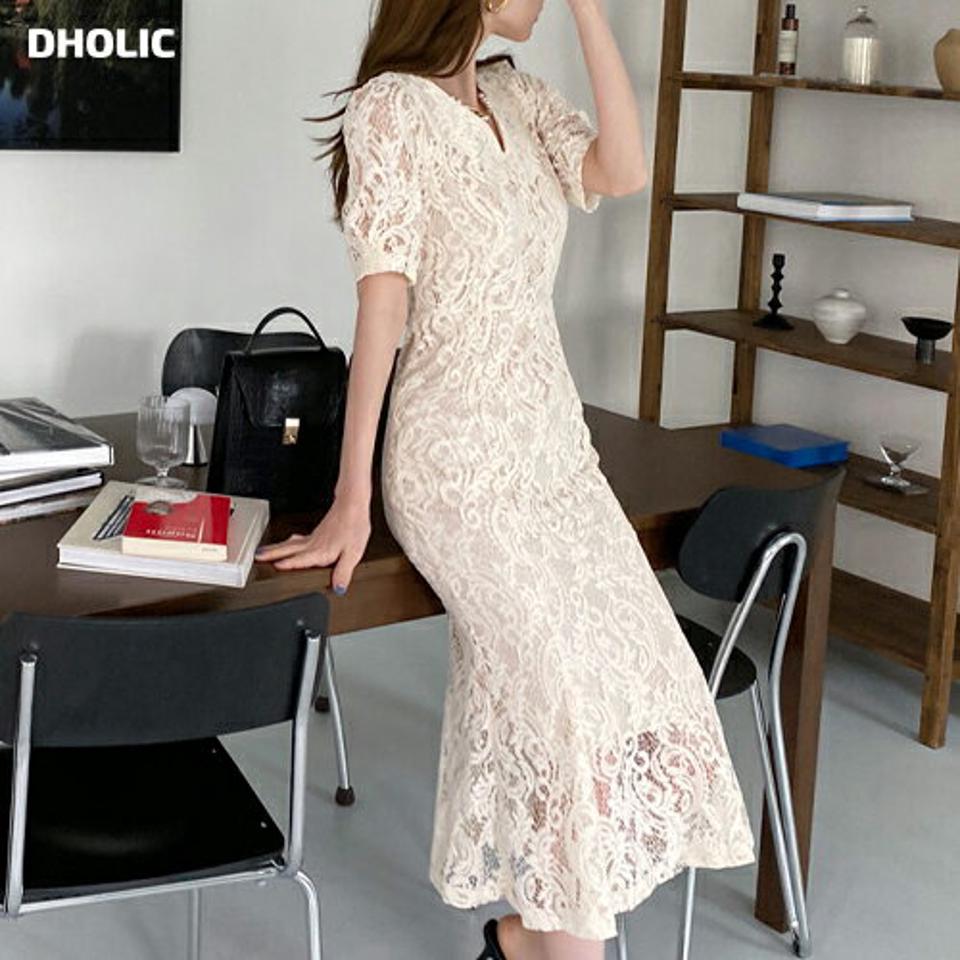 【全品10%OFF】レーススリムワンピース・全2色・b68240 レディース 【ops】【ワンピース ミディ丈 ミディワンピース 半袖 レース 総レース スリム タイト フェミニン 春 夏 韓国 ファッション】【ハイホリHIHOLLI】