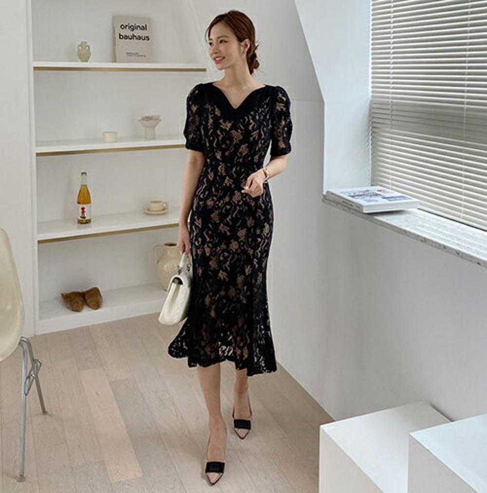 【全品10%OFF】レーススリムワンピース・全2色・b68240 レディース 【ops】【ワンピース ミディ丈 ミディワンピース 半袖 レース 総レース スリム タイト フェミニン 春 夏 韓国 ファッション】【ハイホリHIHOLLI】