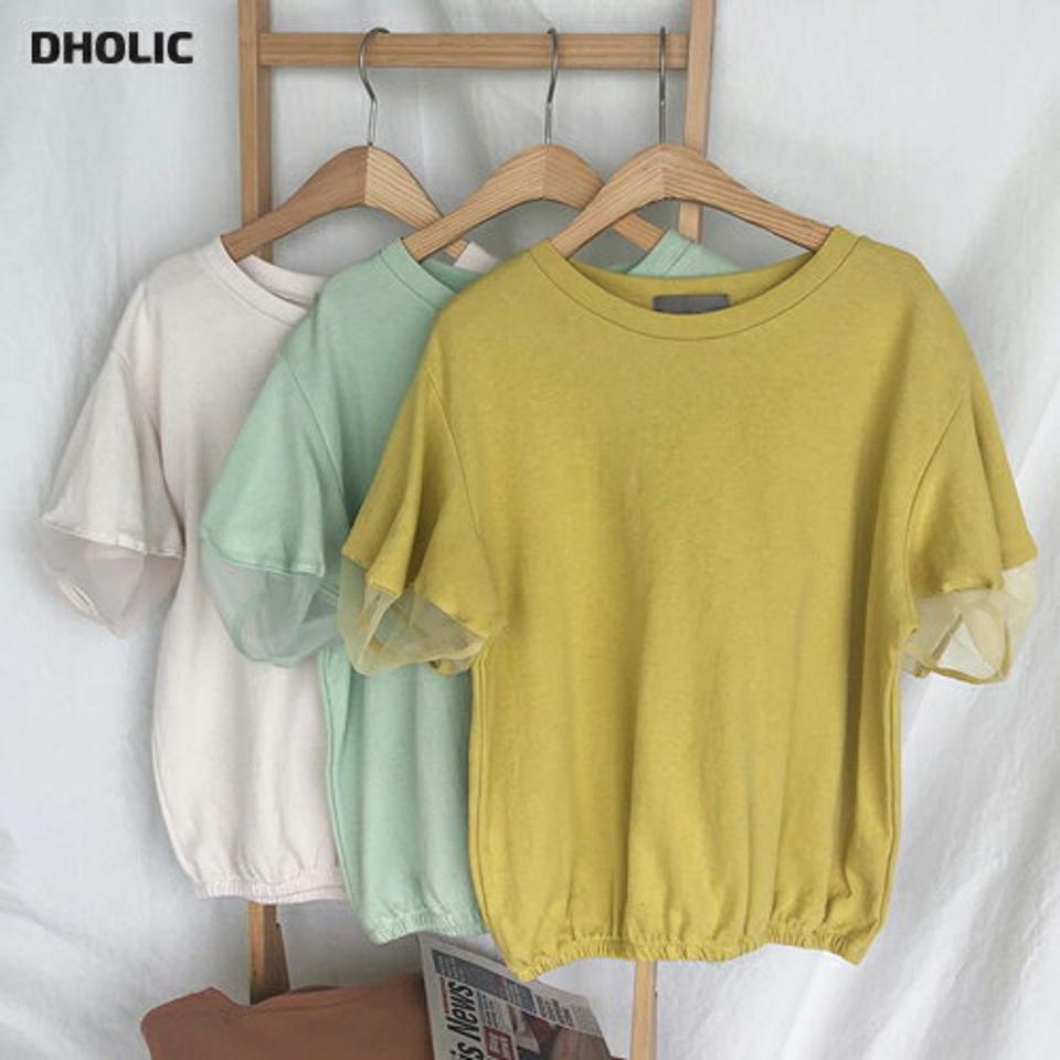 【全品10%OFF】シアーパフラウンドTシャツ・全5色・t68238 レディース 【tops】【トップス Tシャツ 半袖 ハーフスリーブ 透け感 シアー シースルー パフ袖 パフスリーブ 単色 シンプル フェミニン かわいい 可愛い 春 夏 韓国 ファッション】【ハイホリHIHOLLI】