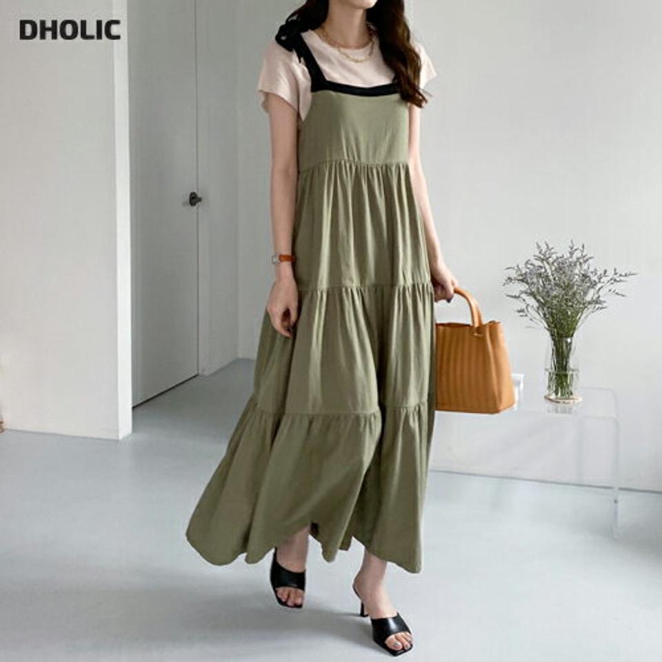 配色ティアードノースリピース・全3色・t68214 レディース 【ops】【ワンピース ロング ロングワンピース スリーブレス ノースリーブ ティアード 配色 レイヤード シンプル カジュアル ギャザー 春 夏 韓国 ファッション】【ハイホリHIHOLLI】