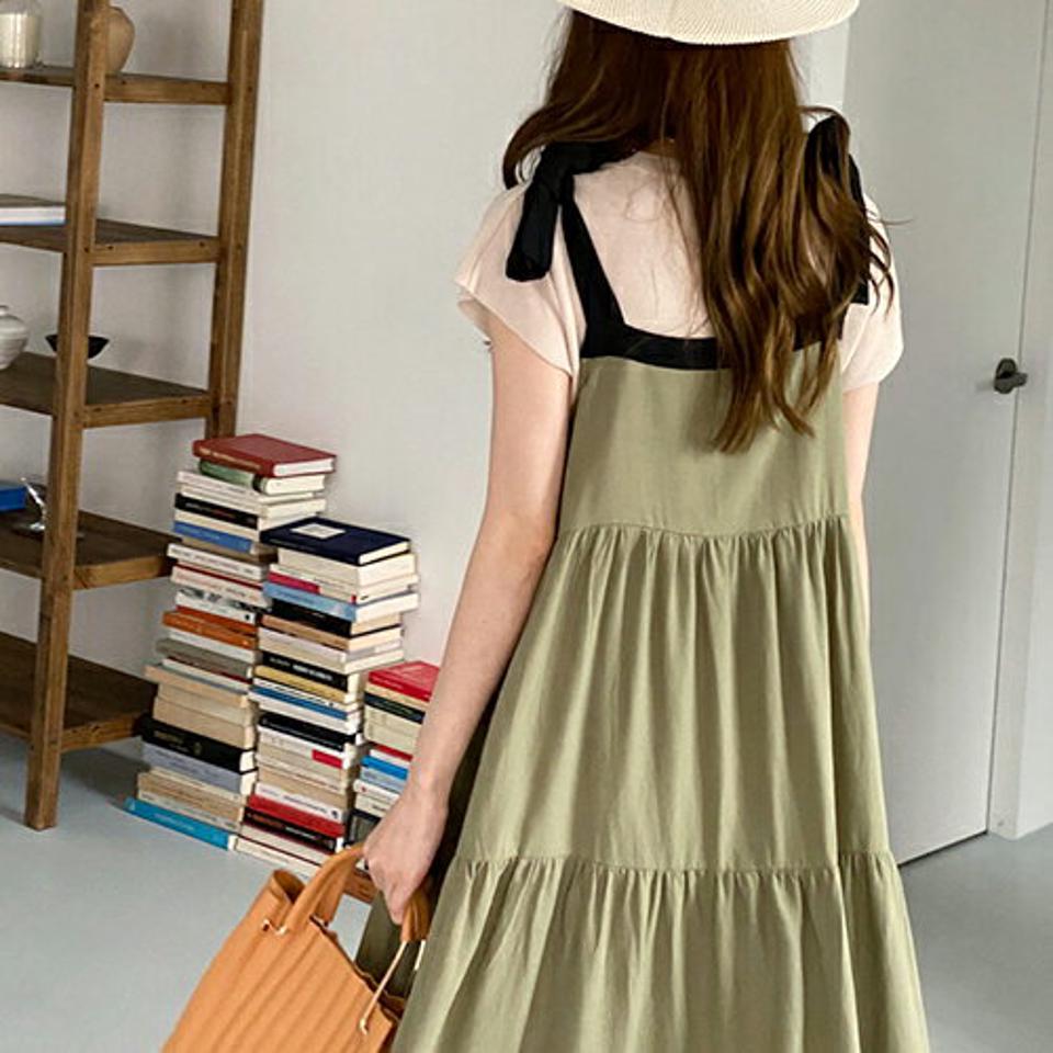 配色ティアードノースリピース・全3色・t68214 レディース 【ops】【ワンピース ロング ロングワンピース スリーブレス ノースリーブ ティアード 配色 レイヤード シンプル カジュアル ギャザー 春 夏 韓国 ファッション】【ハイホリHIHOLLI】