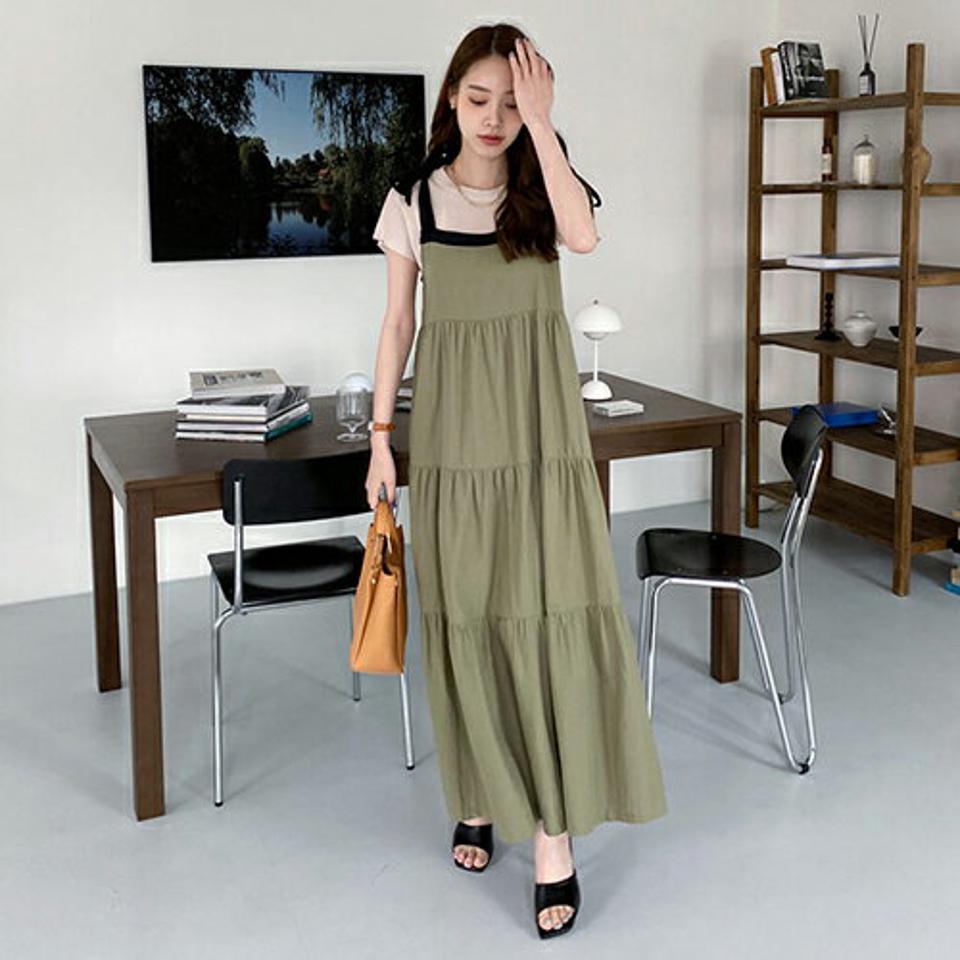 配色ティアードノースリピース・全3色・t68214 レディース 【ops】【ワンピース ロング ロングワンピース スリーブレス ノースリーブ ティアード 配色 レイヤード シンプル カジュアル ギャザー 春 夏 韓国 ファッション】【ハイホリHIHOLLI】