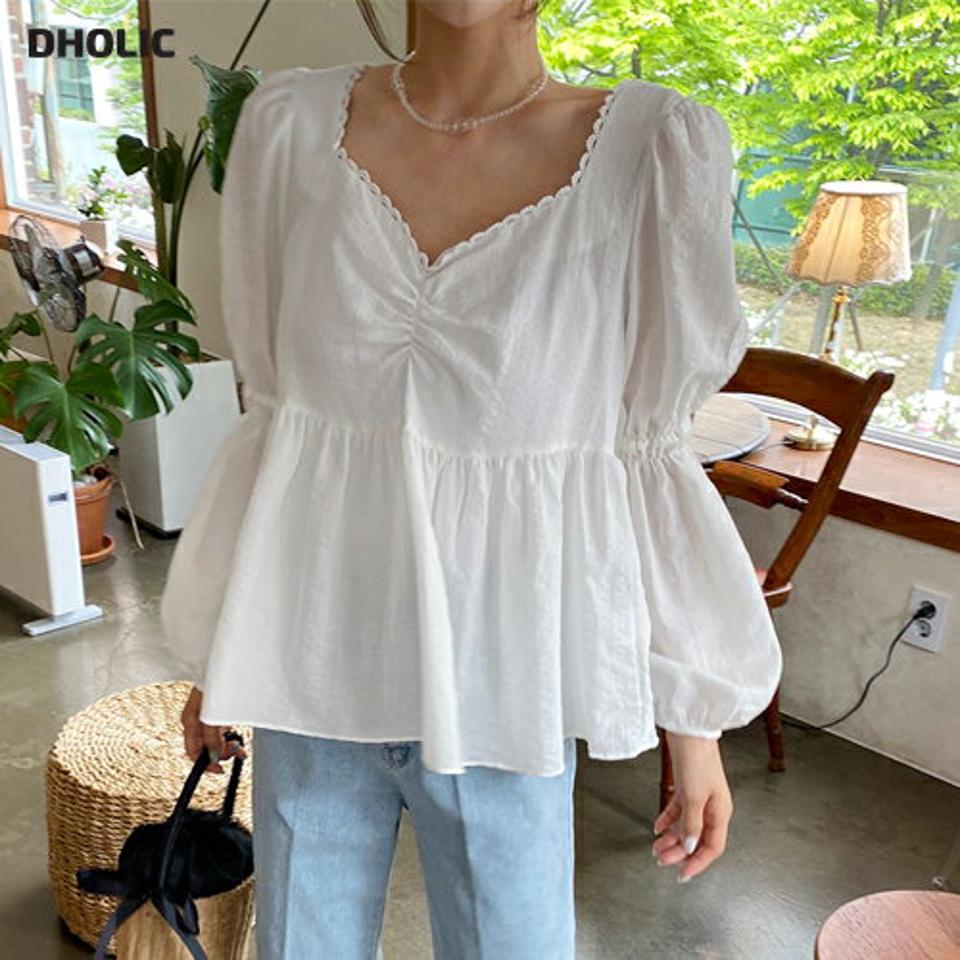 【全品10%OFF】レースハートネックブラウス・全2色・t61994 レディース 【bl】【韓国 ファッション トップス ブラウス 長袖 レース ハートネック デコルテ ギャザー ルーズ ボディ 体型カバー スリム フィット ボリューム ガーリー 夏 春】