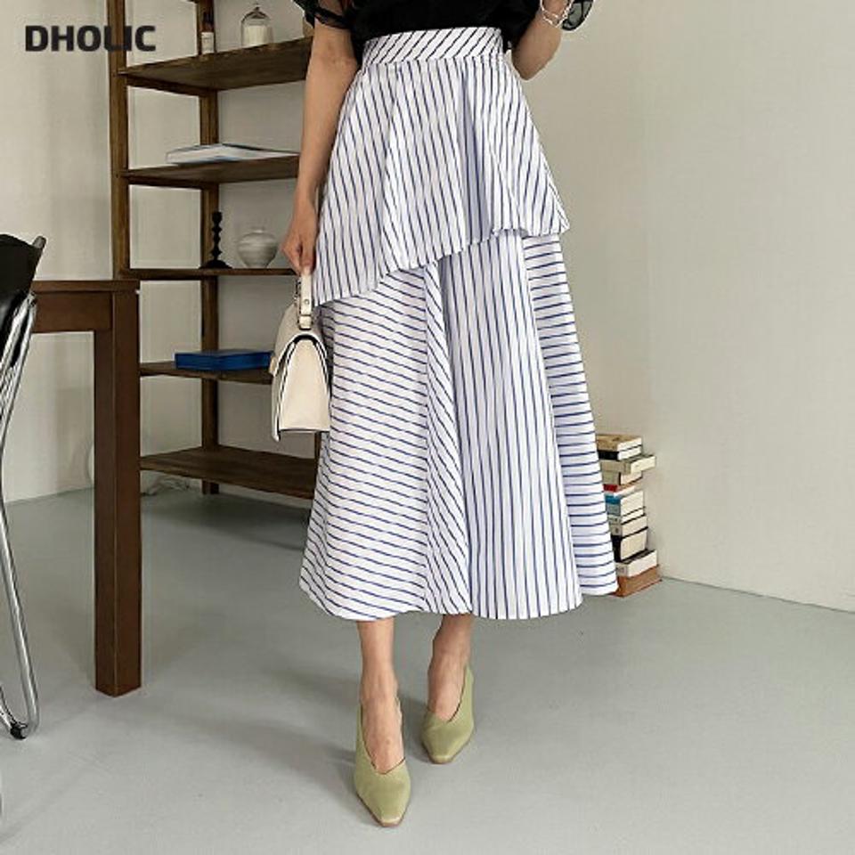 ストライプティアードスカート・全2色・t68242 レディース 【sk】【スカート ロング ロングスカート ティアード ストライプ柄 大人 爽やか カジュアル 春 夏 韓国 ファッション】【ハイホリHIHOLLI】