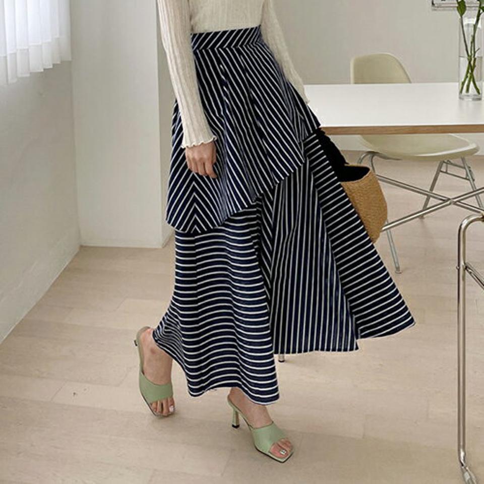 ストライプティアードスカート・全2色・t68242 レディース 【sk】【スカート ロング ロングスカート ティアード ストライプ柄 大人 爽やか カジュアル 春 夏 韓国 ファッション】【ハイホリHIHOLLI】