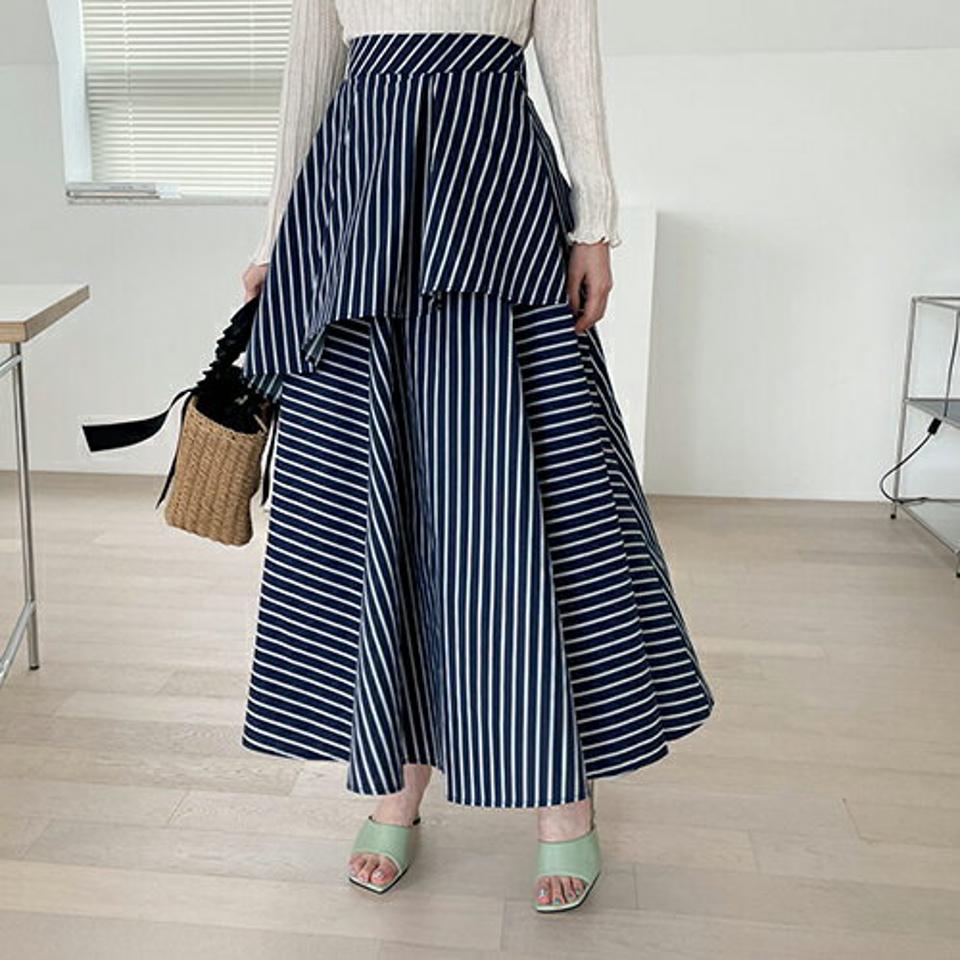 ストライプティアードスカート・全2色・t68242 レディース 【sk】【スカート ロング ロングスカート ティアード ストライプ柄 大人 爽やか カジュアル 春 夏 韓国 ファッション】【ハイホリHIHOLLI】