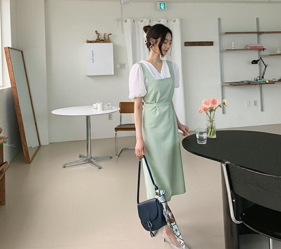 【全品10%OFF】ストラップ付スリーブレスワンピース・全2色・t62016 レディース 【ops】【韓国 ファッション ワンピース ロング ロングワンピース スリーブレス ストラップ スクエアネック フレア ノースリーブ レイヤード風 フェミニン 体型カバー 細身 夏 春】