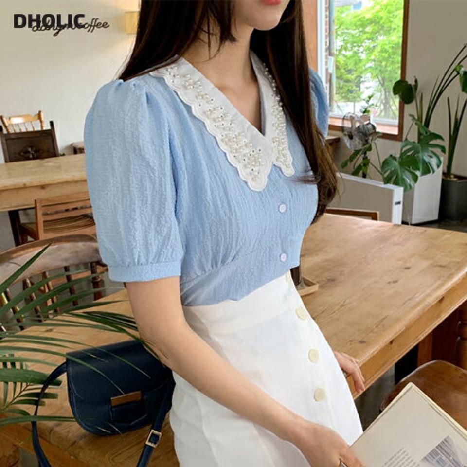 フェイクパールカラーブラウス・全3色・b61986 レディース 【bl】【韓国 ファッション トップス ブラウス 半袖 デコルテ パール 上品 配色 カラー 5分丈 パフスリー ギャザー 体型カバー スリム フィット ボリューム ガーリー 夏 春】