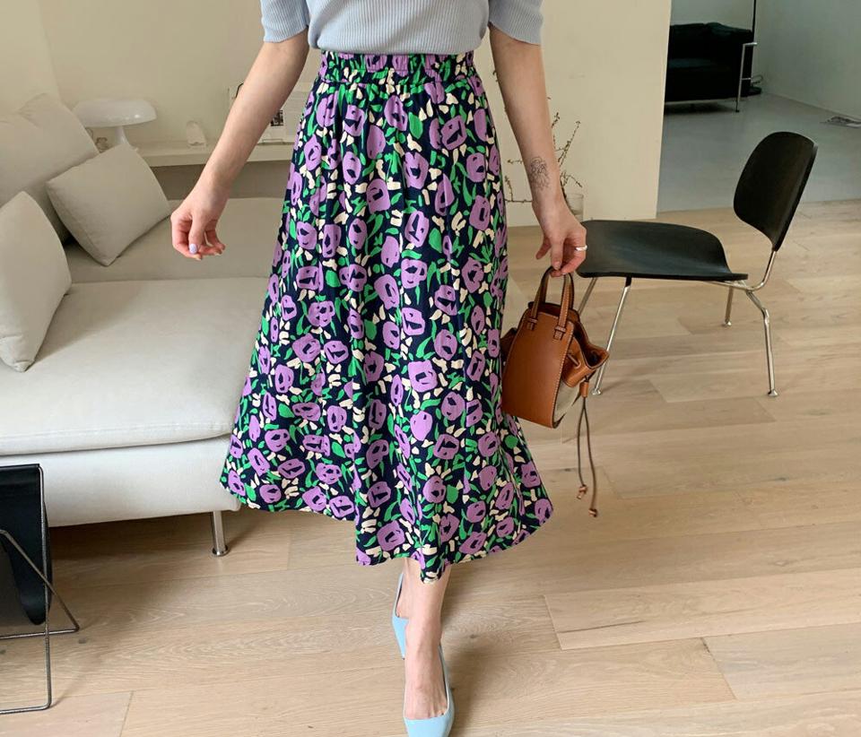 フローラルフレアスカート・全2色・b57334 レディース 【sk】【韓国 ファッション ボトムス スカート ロング ロングスカート 花柄 フラワー パターン フローラル フェミニン フレア 体型カバー 細身 カジュアル 上品 Aライン 夏 春】