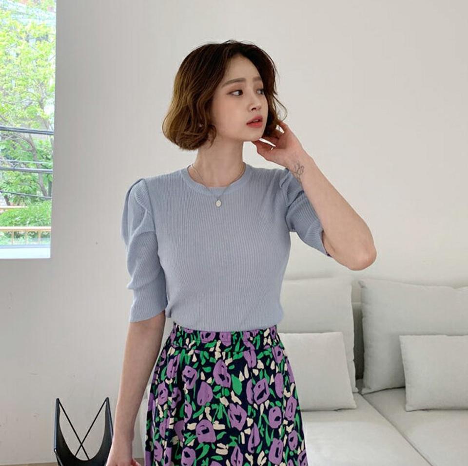 リブスリムパフニット・全3色・b57307 レディース 【tops】【韓国 ファッション トップス ニット 半袖 7分丈 パフスリーブ 上品 スリム フィット ラウンドネック ショートスリーブ 体型カバー フェミニン ベーシック 夏 春】