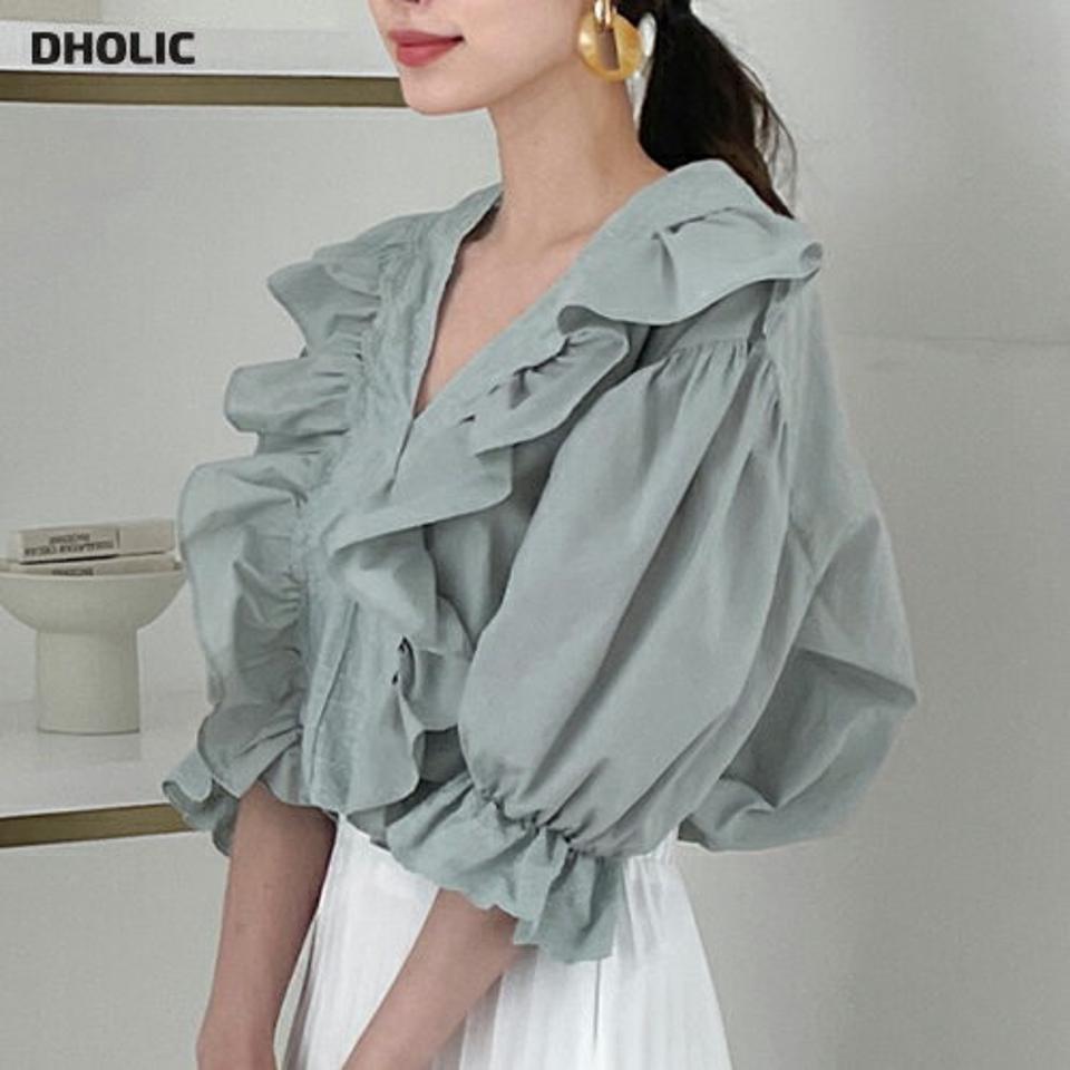 レースVネックフリルブラウス・全2色・b68237 レディース 【bl】【トップス ブラウス Vネック フリル レース ガーリー フェミニン 可愛い かわいい 半袖 ハーフスリーブ 春 夏 韓国 ファッション】【ハイホリHIHOLLI】