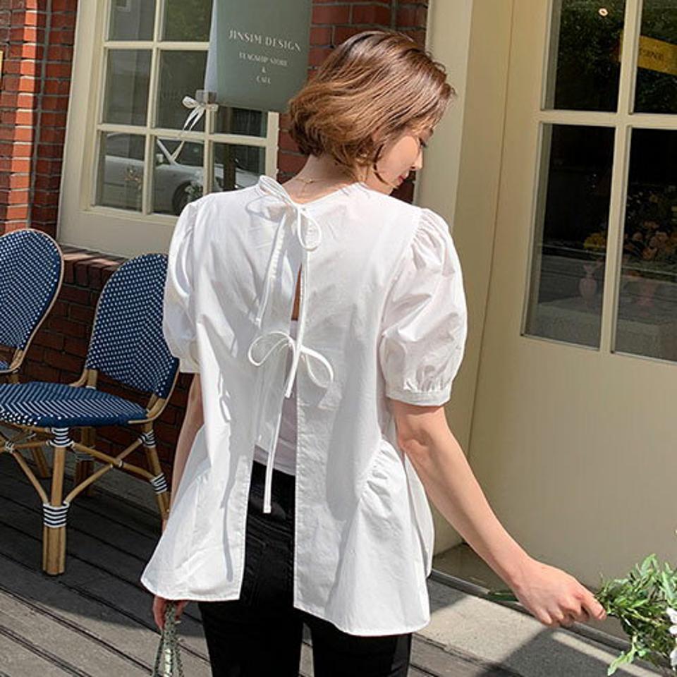 【全品10%OFF】バックオープンブラウス・全3色・t57302 レディース 【bl】【韓国 ファッション トップス ブラウス 半袖 バックオープン リボン ラウンドネック フレア 5分丈 ボリューム 体型カバー スリム フィット 夏 春】