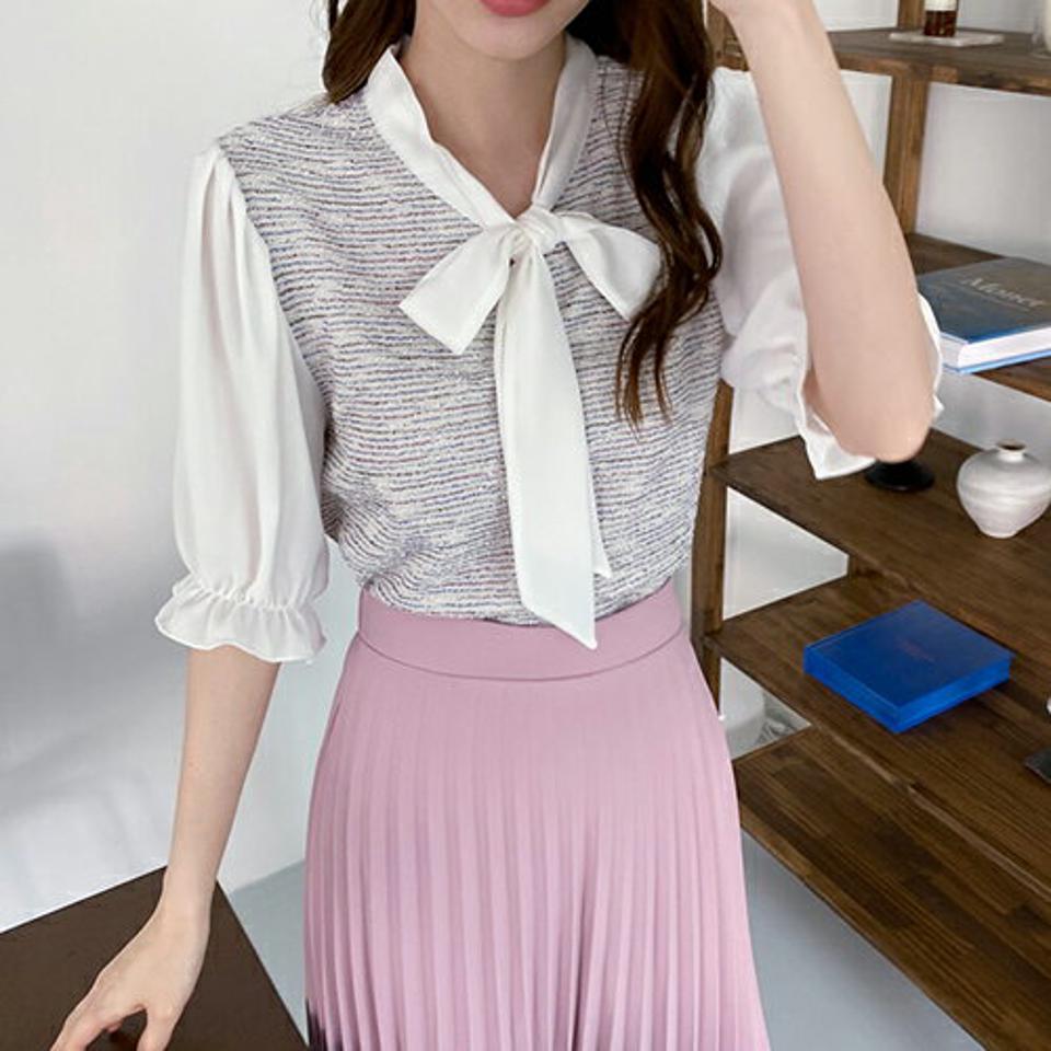 ツイードリボンブラウス・全4色・t68207 レディース 【bl】 トップス ブラウス 七分丈 七分袖 7分丈 7分袖 ツイード リボン りぼん 高級感 大人 フェミニン 春 夏 韓国 ファッション ハイホリHIHOLLI