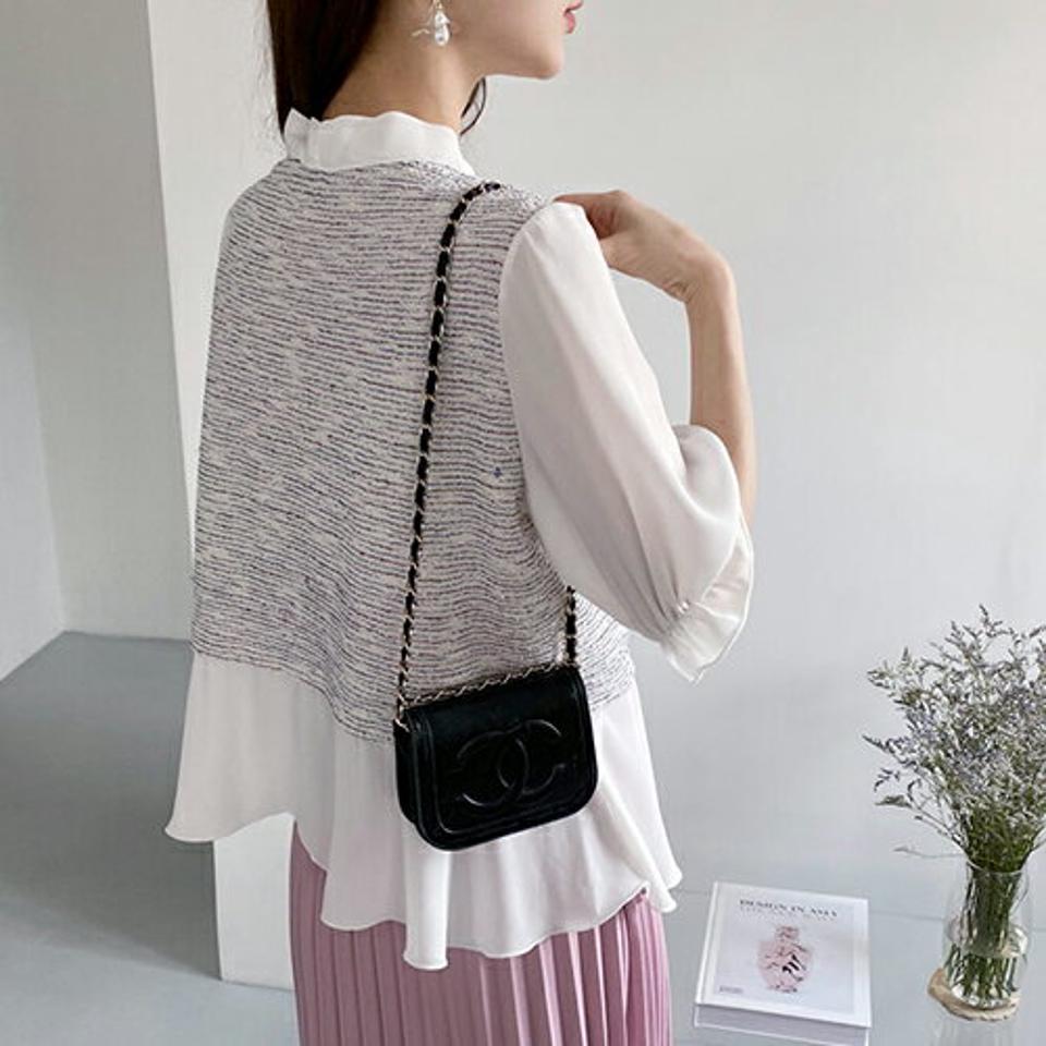 ツイードリボンブラウス・全4色・t68207 レディース 【bl】 トップス ブラウス 七分丈 七分袖 7分丈 7分袖 ツイード リボン りぼん 高級感 大人 フェミニン 春 夏 韓国 ファッション ハイホリHIHOLLI