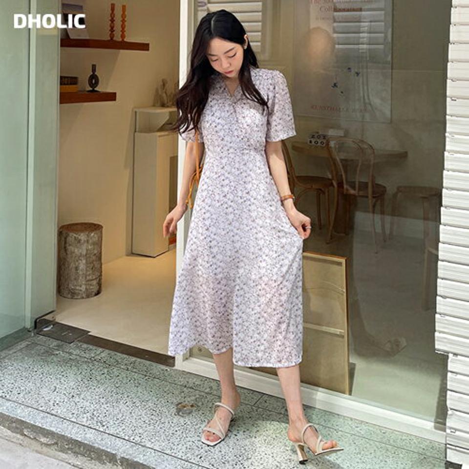 Vネックリボン花柄ワンピース・全2色・t57313 レディース 【ops】【韓国 ファッション ワンピース ロング ロングワンピース 半袖 花柄 フラワー パターン Vネック 小花柄 リボン ジッパー ギャザー ハーフスリーブ フェミニン 体型カバー 細身 夏 春】