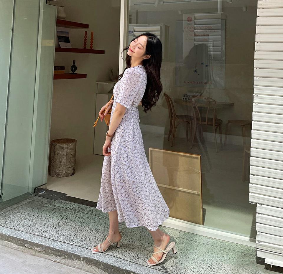 Vネックリボン花柄ワンピース・全2色・t57313 レディース 【ops】【韓国 ファッション ワンピース ロング ロングワンピース 半袖 花柄 フラワー パターン Vネック 小花柄 リボン ジッパー ギャザー ハーフスリーブ フェミニン 体型カバー 細身 夏 春】