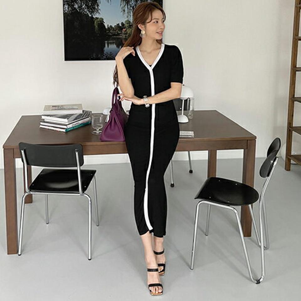 配色スリムロングワンピース・全2色・t68241 レディース 【ops】 ワンピース ロング ロングワンピース 半袖 ハーフスリーブ スリム モダン 配色 大人 Vネック 春 夏 韓国 ファッション ハイホリHIHOLLI