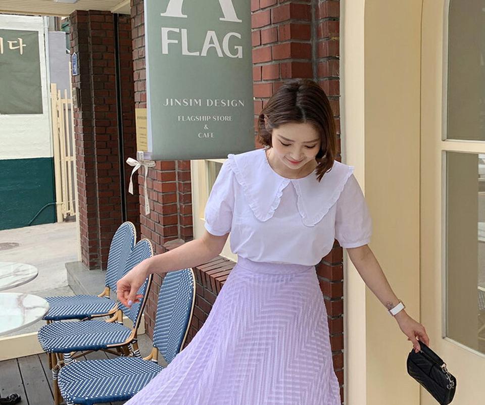 フリルビッグカラーブラウウス・全4色・t57301 レディース 【bl】 韓国 ファッション トップス ブラウス 半袖 フリル 襟 ガーリー 小顔 フリルカラー 細身 カジュアル 体型カバー スリム 夏 春