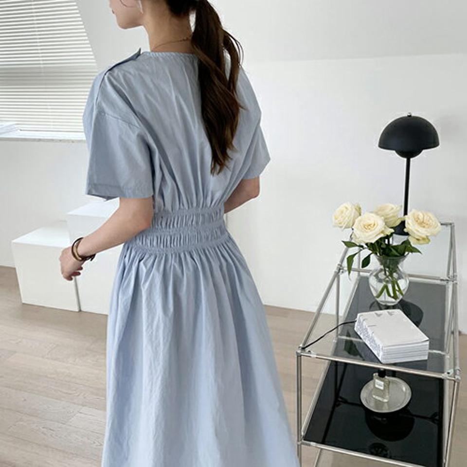 ショルダーボタンワンピース・全3色・t68239 レディース 【ops】 ワンピース ロング ロングワンピース 半袖 コットン 綿 シンプル ウエストゴム カジュアル 春 夏 韓国 ファッション ハイホリHIHOLLI