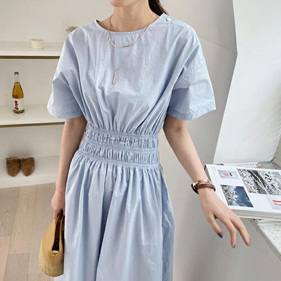 ショルダーボタンワンピース・全3色・t68239 レディース 【ops】 ワンピース ロング ロングワンピース 半袖 コットン 綿 シンプル ウエストゴム カジュアル 春 夏 韓国 ファッション ハイホリHIHOLLI