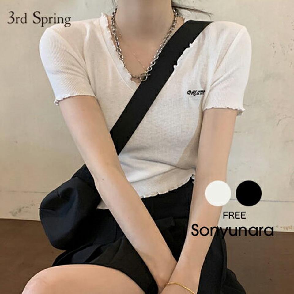 SONYUNARA(ソニョナラ)シャーリングクロップ半袖【5/6up_ka】韓国 韓国ファッション Tシャツ カットソー Vネック 半袖 ウェーブ クロップ ショート丈 ブラック アイボリー【5】