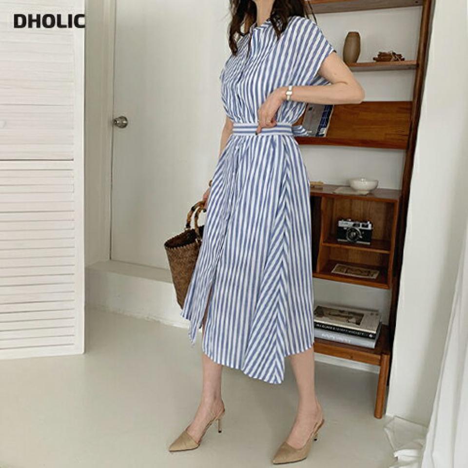 ストラップ付ストライプワンピース・全3色・b68338 レディース 【ops】 ワンピース ロング ロングワンピース ストライプ柄 ストラップ ショートスリーブ フレンチスリーブ 爽やか 春 夏 韓国 ファッション ハイホリHIHOLLI