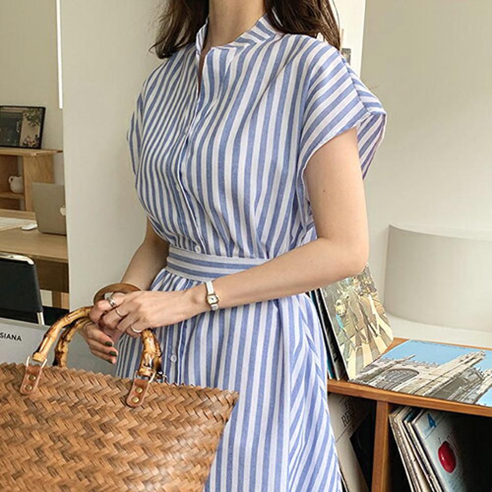 ストラップ付ストライプワンピース・全3色・b68338 レディース 【ops】 ワンピース ロング ロングワンピース ストライプ柄 ストラップ ショートスリーブ フレンチスリーブ 爽やか 春 夏 韓国 ファッション ハイホリHIHOLLI