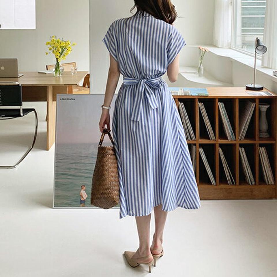 ストラップ付ストライプワンピース・全3色・b68338 レディース 【ops】 ワンピース ロング ロングワンピース ストライプ柄 ストラップ ショートスリーブ フレンチスリーブ 爽やか 春 夏 韓国 ファッション ハイホリHIHOLLI