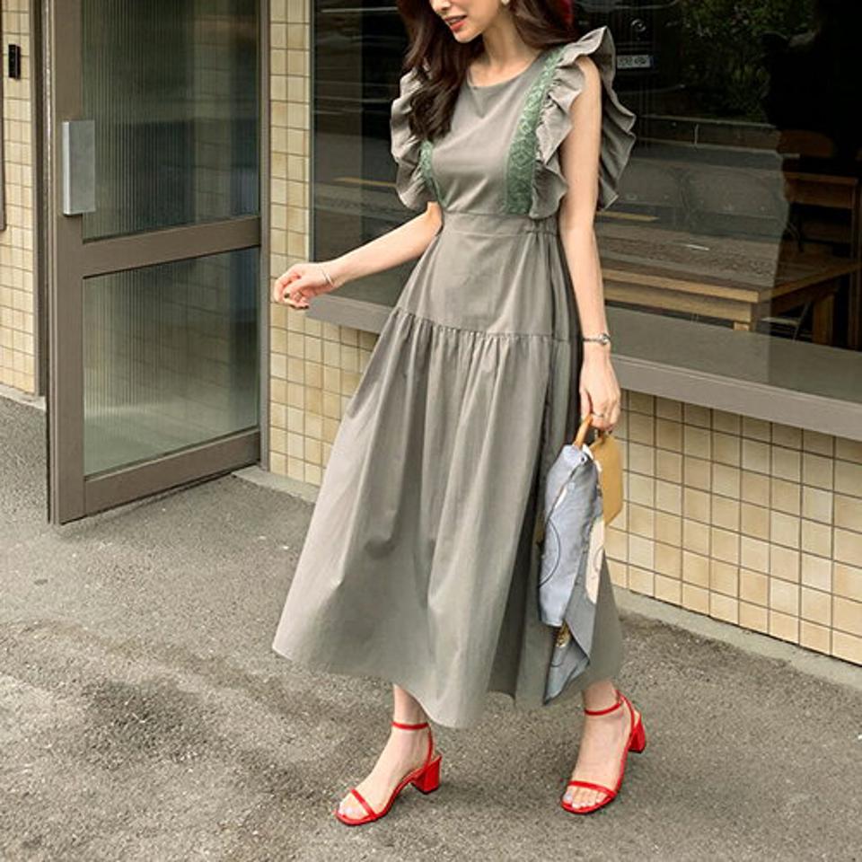 フリルレースラインワンピース・全2色・b68334 レディース 【ops】 ワンピース ロング ロングワンピース スリーブレス ノースリーブ フリル レース ガーリー 大人 かわいい 可愛い 春 夏 韓国 ファッション ハイホリHIHOLLI