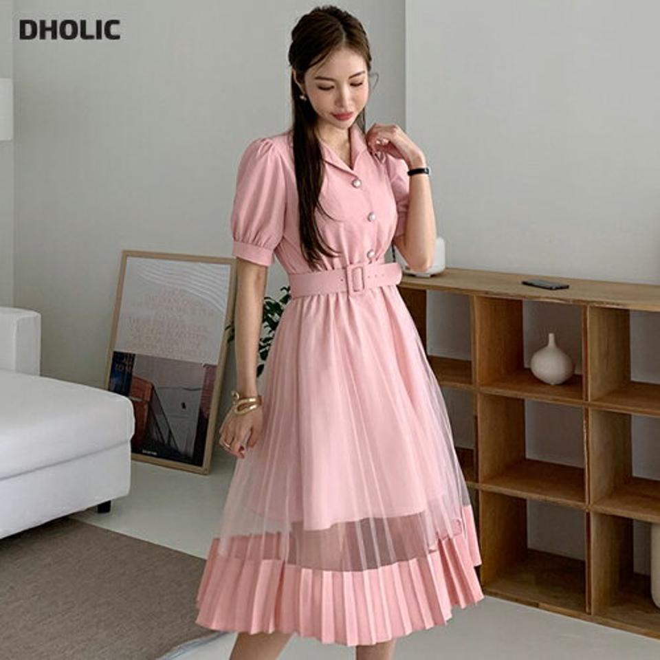 【送料無料】ベルト付フェイクパールカラーワンピース・全3色・t68340 レディース 【ops】【ワンピース ロング ロングワンピース 半袖 ハーフスリーブ パールボタン ベルト 透け感 シアー シースルー フェミニン 春 夏 韓国 ファッション】【ハイホリHIHOLLI】