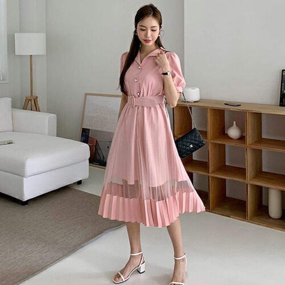 【送料無料】ベルト付フェイクパールカラーワンピース・全3色・t68340 レディース 【ops】【ワンピース ロング ロングワンピース 半袖 ハーフスリーブ パールボタン ベルト 透け感 シアー シースルー フェミニン 春 夏 韓国 ファッション】【ハイホリHIHOLLI】