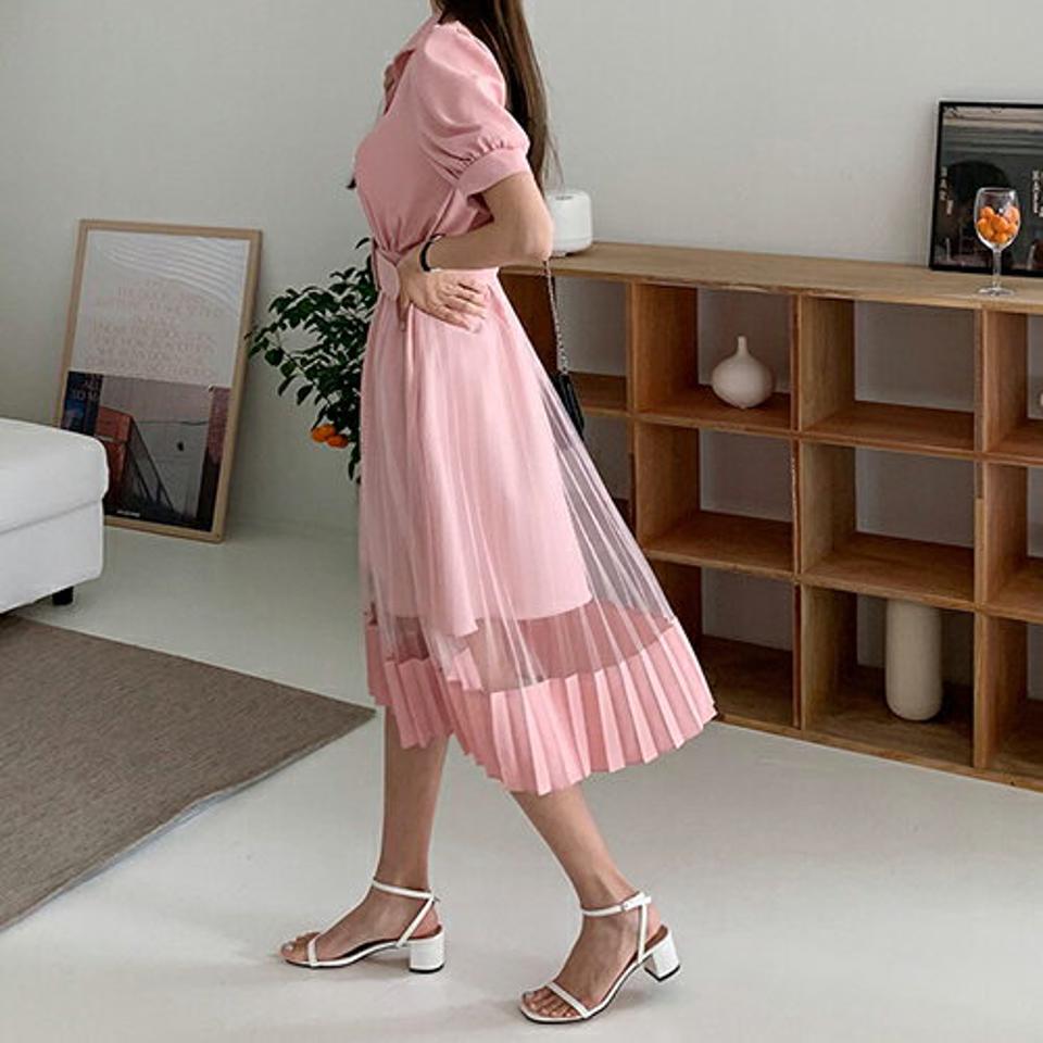 【送料無料】ベルト付フェイクパールカラーワンピース・全3色・t68340 レディース 【ops】【ワンピース ロング ロングワンピース 半袖 ハーフスリーブ パールボタン ベルト 透け感 シアー シースルー フェミニン 春 夏 韓国 ファッション】【ハイホリHIHOLLI】