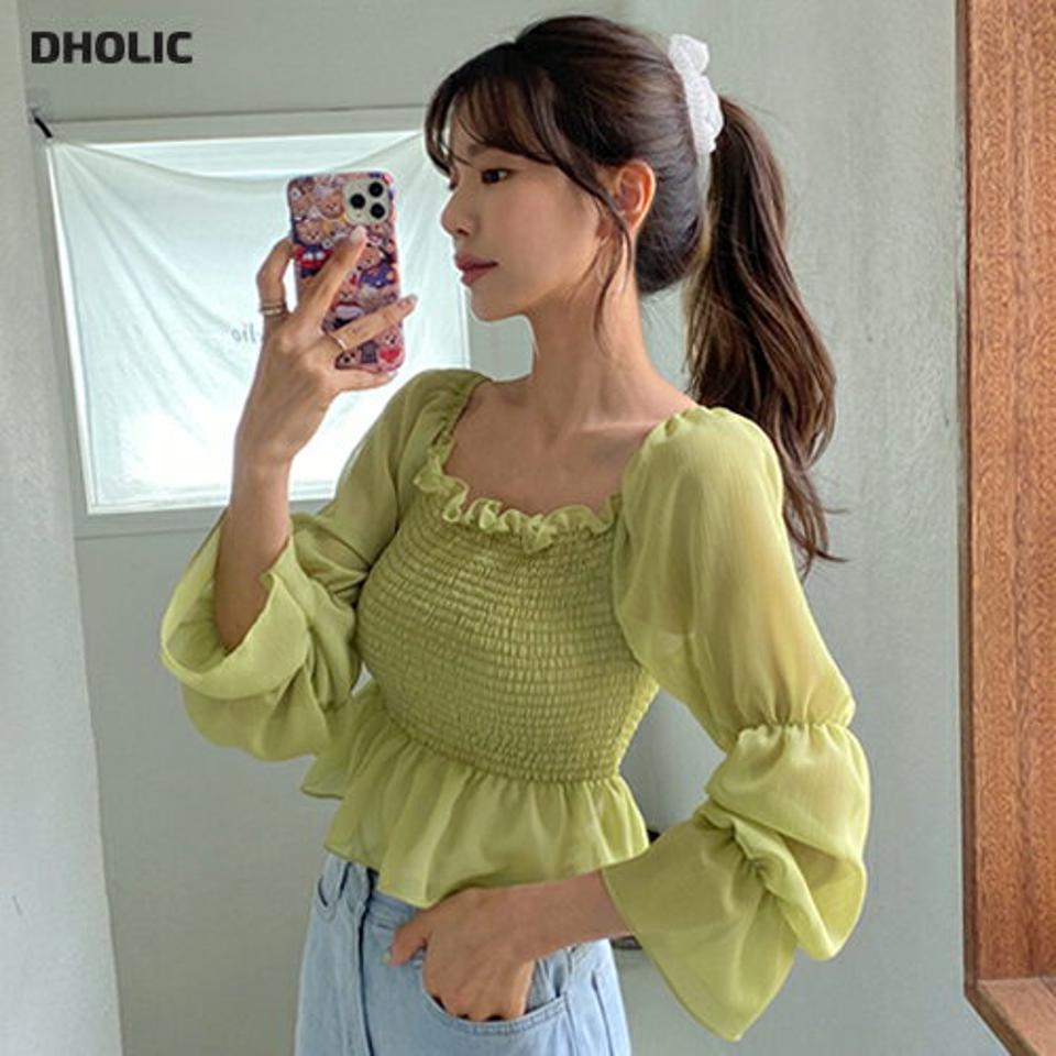 シャーリングシアーブラウス・全4色・t63578 レディース 【bl】【韓国 ファッション トップス ブラウス 長袖 ラブリー シャーリング フィット ギャザー シアー シフォン クロップド丈 体型カバー スリム ボリューム ガーリー 夏 春】