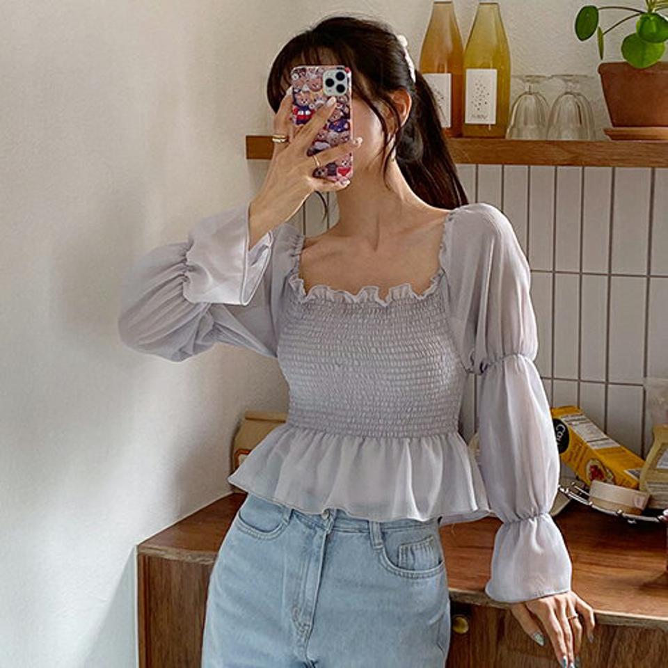 シャーリングシアーブラウス・全4色・t63578 レディース 【bl】【韓国 ファッション トップス ブラウス 長袖 ラブリー シャーリング フィット ギャザー シアー シフォン クロップド丈 体型カバー スリム ボリューム ガーリー 夏 春】