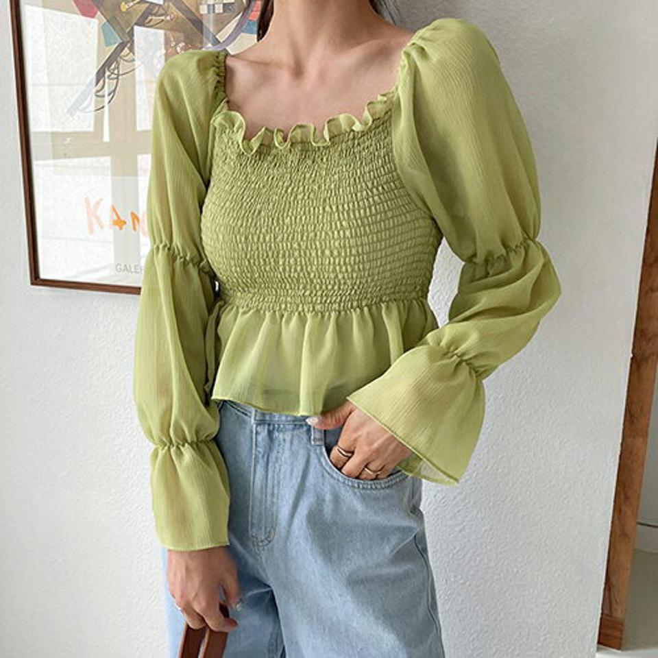 シャーリングシアーブラウス・全4色・t63578 レディース 【bl】【韓国 ファッション トップス ブラウス 長袖 ラブリー シャーリング フィット ギャザー シアー シフォン クロップド丈 体型カバー スリム ボリューム ガーリー 夏 春】