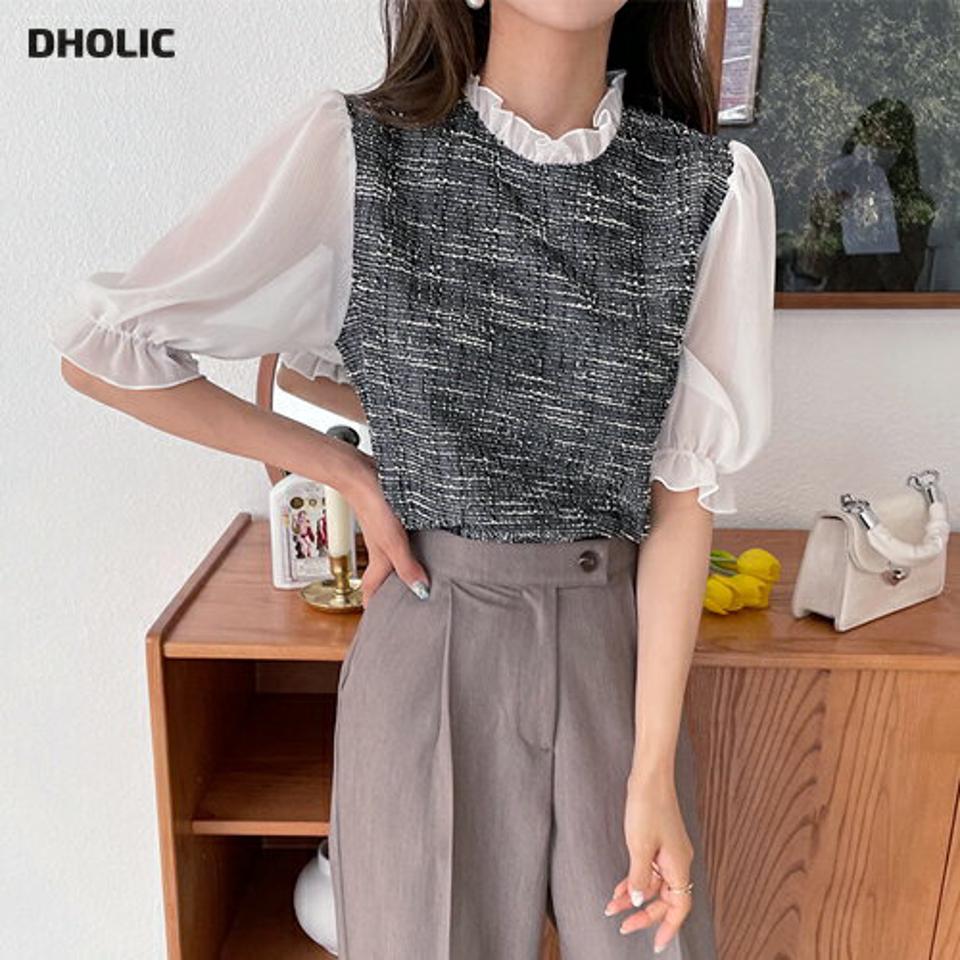 フリルツイード調ブラウス・全4色・t63581 レディース 【bl】 韓国 ファッション トップス ブラウス 半袖 ラブリー ツイード調 シアー フリル 異素材 体型カバー スリム ボリューム ガーリー 夏 春