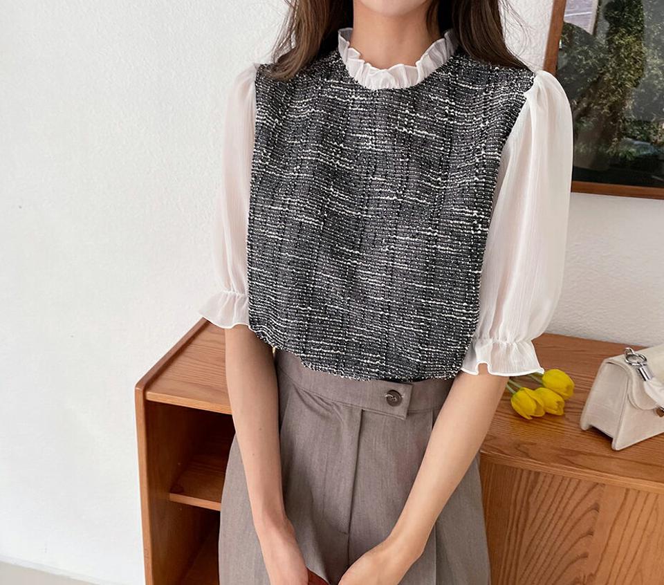 フリルツイード調ブラウス・全4色・t63581 レディース 【bl】 韓国 ファッション トップス ブラウス 半袖 ラブリー ツイード調 シアー フリル 異素材 体型カバー スリム ボリューム ガーリー 夏 春
